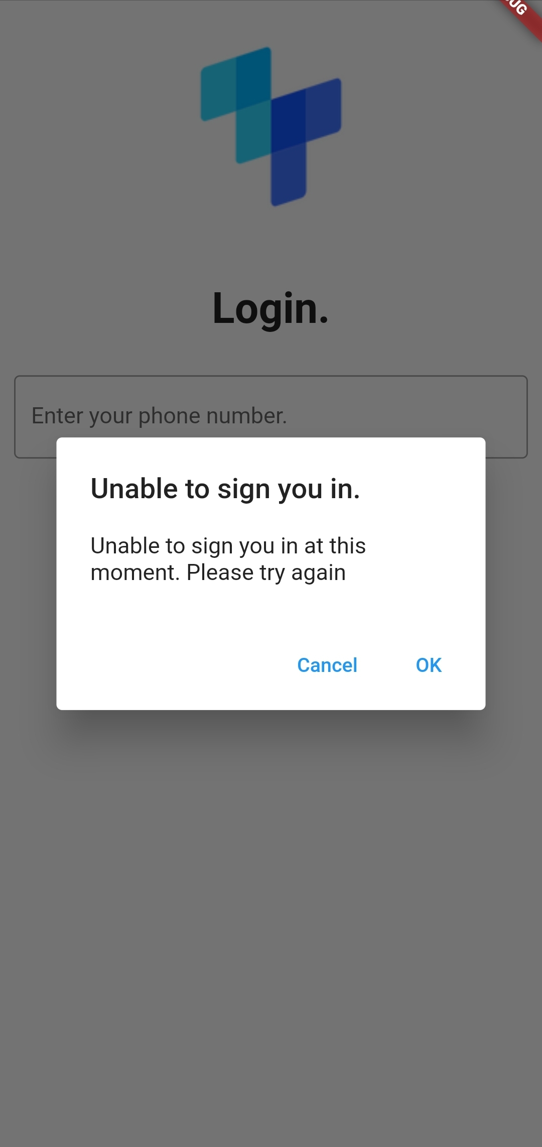 A IDlayr mobile app screen with the tru.ID (IDlayr) logo, text that says 'login', an input and a modal dialog overlaid informing the user they could not be signed in.