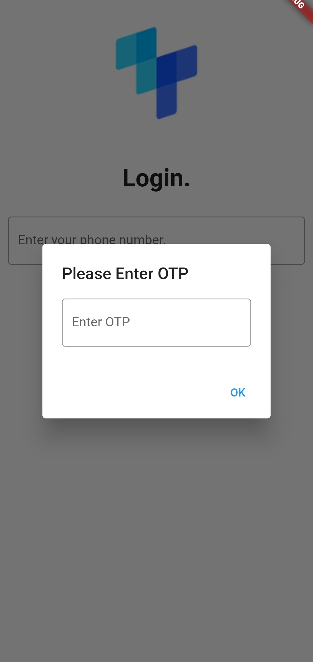 A IDlayr mobile app screen with the tru.ID (IDlayr) logo, text that says 'login', an input and a modal dialog overlaid with input for entering the SMS OTP.