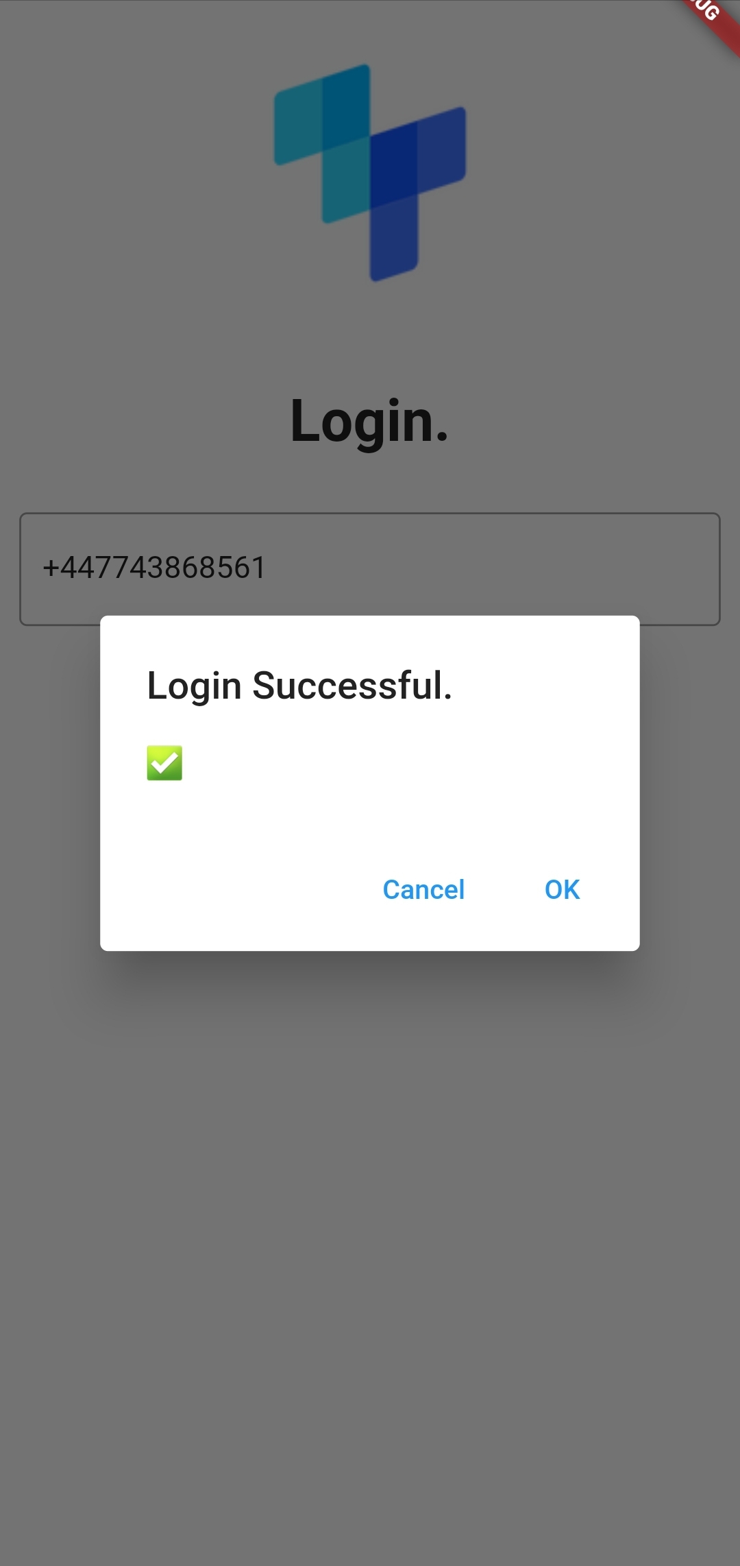 A IDlayr mobile app screen with a modal overlayed with the title 'Registration Successful' and a message containing a green checkmark.